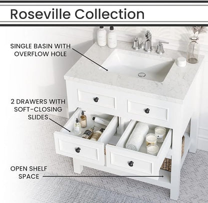 Hanover Roseville 31'' Vanity Cabinet with Sink Combo for Bathroom, Powder Room | Pre-Assembled Cabinet | 2 Drawers, Bottom Shelf | Artificial Stone Countertop | White Cabinet | HANVN0108-31-1WH