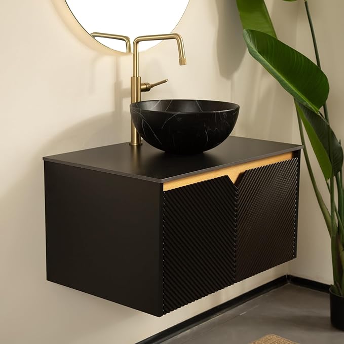 30 Inch Bathroom Vanity with Sink, Floating Fluted Vanity with Vessel Sink, Modern Bathroom Vanity Cabinet with 2 Doors, Bowl Vessel Sink & Sintered Stone Top, Black