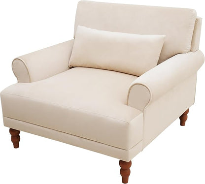 Merax Accent Chair with Circular Armrests, Upholstered Armchair Single Sofa with Vintage Roman Column Legs for Living Room, Bedroom, Study, Ergonomic Lumbar, Velvet, Beige