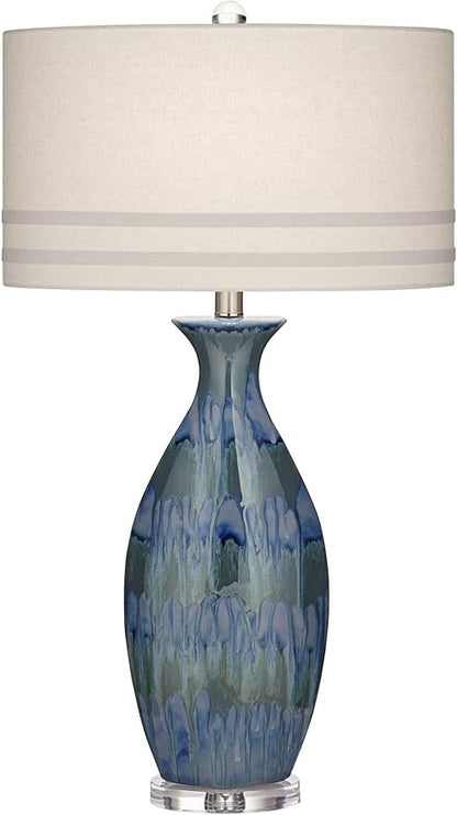 Possini Euro Design Annette Modern Style 3-Way Table Lamp with Table Top Dimmer 38" Tall Blue Drip Ceramic Off White Fabric Oval Shade Decor for Living Room Bedroom House Bedside Home