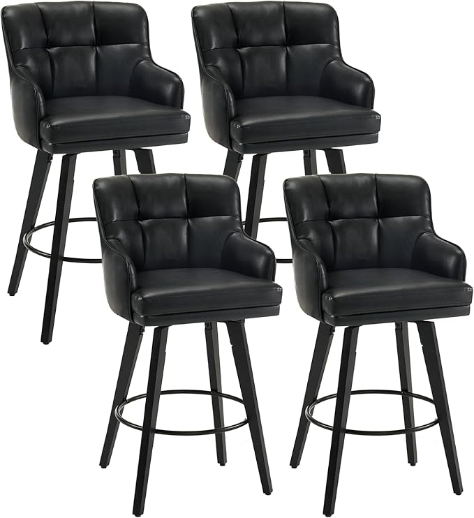 360°Swivel Counter Height Bar Stools with Back, 30 inch Solid Wood Legs, Bar Stool Modern Kitchen Island Chairs, Faux Leather (Black- Faux Leather, 30" H- Set of 4)