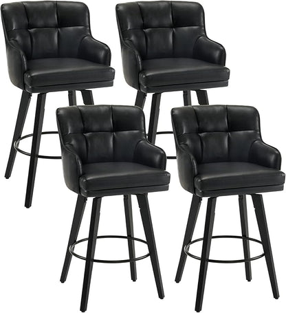 360°Swivel Counter Height Bar Stools with Back, 30 inch Solid Wood Legs, Bar Stool Modern Kitchen Island Chairs, Faux Leather (Black- Faux Leather, 30" H- Set of 4)