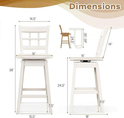 COSTWAY Swivel Bar Stools Set of 2, 24.5 Inch Counter Height Bar Chairs w/Hollow Backrest & Contoured Seat, Wooden Barstools w/Footrest for Kitchen Island, Pub, Bistro, Cafe (2, White)
