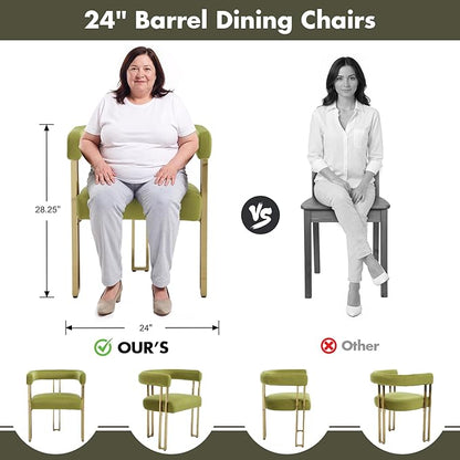 Green and Gold Modern Dining Chairs Set of 4, Velvet Upholstered Barrel Armchairs with Metal Legs for Kitchen Island, Mid Century Accent Chairs for Dining Room Living Room, Open-Back