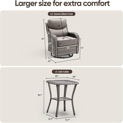 Swivel Patio Chairs Set of 3 with 6" Thick Cushion - Wicker Outdoor Swivel Rocker Patio Chairs with Side Table, High Back Comfortable Outdoor Glider - Grey Wicker | Grey Cushions