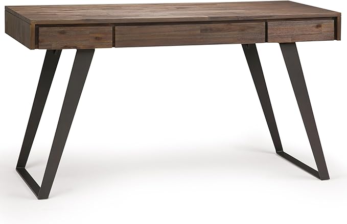 SIMPLIHOME Lowry Desk - 54-Inch Wide Solid Acacia Wood and Metal Writing Desk in Rustic Natural Aged Brown, Modern Industrial Home Office Computer Table with 2 Drawers and Flip-Down Keyboard Tray