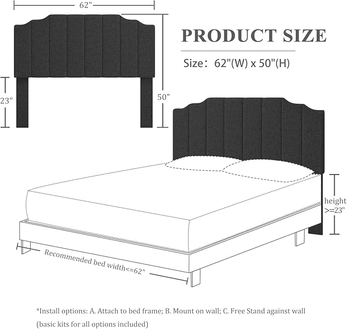 Queen Size Headboard Only, Linen Wall Mounted Headboard Queen/Full Size for Adjustable Bed, Modern Vertical Channel Design with Curved Tufted Upholstered Head Board, Dark Gray