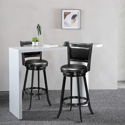 COSTWAY Bar Stools Set of 2, 360 Degree Swivel, Accent Wooden Swivel Back Bar Height Bar Stool, Fabric Upholstered Design, PVC Cushioned Seat (2 stools, Black 29'' Height)