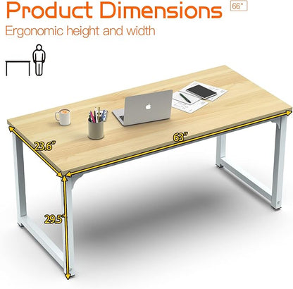 NSdirect 63" Computer Desk,Large Home Office Desk Wide Workstation 1 inch Thicker Tabletop for Writing,Games and Home Work PC Desk Modern Finish Wood Board and Sturdy Steel Legs,Oak+White