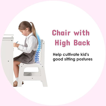 Arlopu Kids Vanity Set, 2 in 1 Toddler Makeup Dressing Table and Chair Set w/Detachable Tri-fold Mirror, Open Shelves, Princess Wooden Pretend Play Desk Furniture Toy for Little Girl (White)
