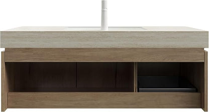 48 Inch Floating Bathroom Vanity with Sink, Wall-Mounted Bathroom Vanity with Drawer and 2 Doors, Roma Travertine-Pattern Countertop and Ceramic Basin, Pre-Assembled, White Oak