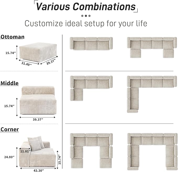 WJShome Cloud Couch Modular Sectional Sofa,141.73inch L Shaped Couch,Oversized Corduroy Couches with Ottoman and Pillows, Beige 4 Seaters Cushion Covers Removable& Washable
