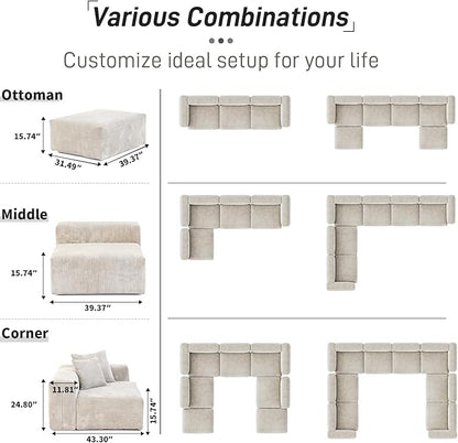 WJShome Cloud Couch Modular Sectional Sofa,102inch Corduroy Couch 2 Seater LoveSofa,Beige Convertible Sectional Sofa for Living Room, Cushion Covers Removable& Washable