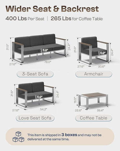 Aluminum Outdoor Furniture Set, 4 Seats Outdoor Patio Conversation Sets with Ergonomic Seat and Wide Washable Thick Cushions, Modern Patio Sectional Furniture for Balcony, Porch (Charocal)