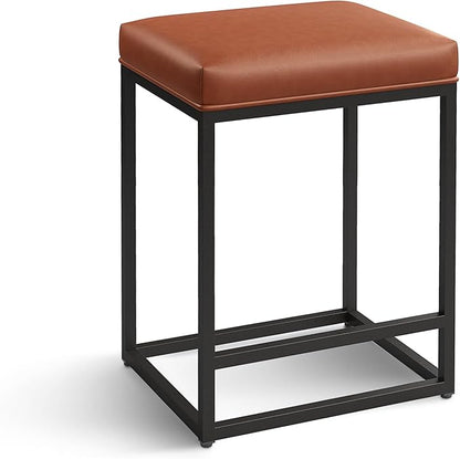 ALPHA HOME 24 Inch Counter Height Bar Stools, Upholstered Bar Stools for Kitchen Island, Counter Stools with Faux Leather Cushion and Sturdy Metal Frame, Modern Barstools, Caramel