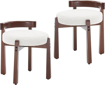 Modern Vanity Chair Upholstered Small Ottoman Footstool, Make Up Stool Sherpa Fabric with Backrest Wooden Frame for Living Room Bedrooms, 2PCS, White
