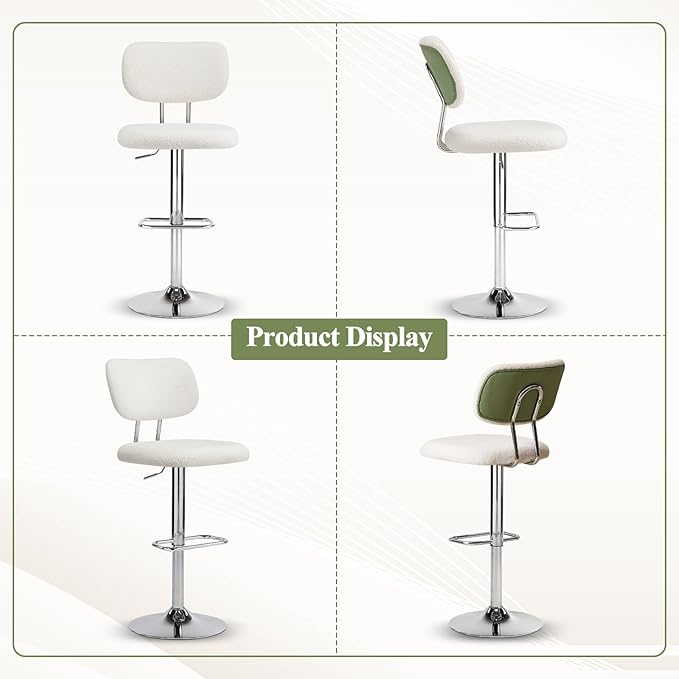 Furniliving Adjustable Bar Stools Set of 2, Modern Teddy Velvet Swivel Barstools with Curved Back, Stylish Armless Counter Height Bar Stools Bar Chairs for Kitchen Island, Bar, Green