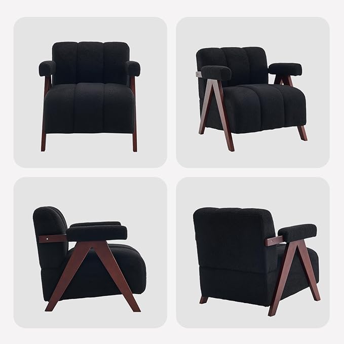 Accent Chair with Wide Seat, Anthropologie Living Room Chair with Wide Armrest, Pottery Barn Accent Chair Bedroom Chair with Thick Cushion, Comfy Teddy Tufted Side Chair for Lounge, Black