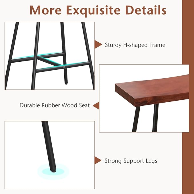 COSTWAY Industrial Bar Stools, 24-inch Backless Counter Height Saddle Stools with Footrest, Metal Legs, Adjustable Foot Pads, Barstools for Kitchen Island Cafe Restaurant, Walnut+Black (Set of 4)