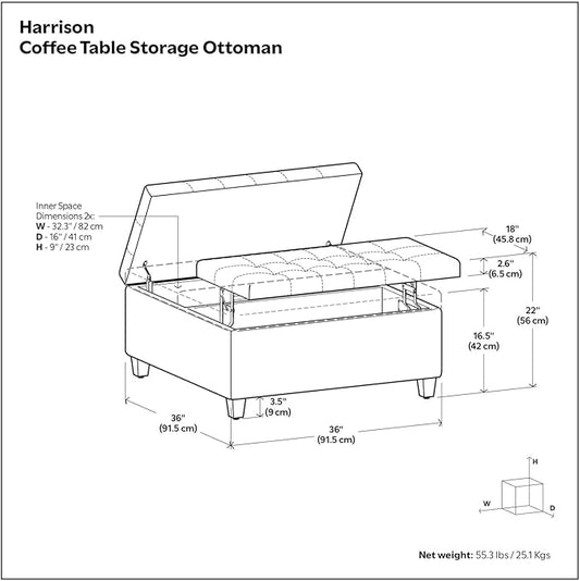 SIMPLIHOME Harrison Coffee Table Storage Ottoman - 36 inch Wide Upholstered Linen Look Fabric Square Storage Ottoman in Oyster Grey, Transitional Tufted Ottoman for Living Room with Split Lift-Up Lid