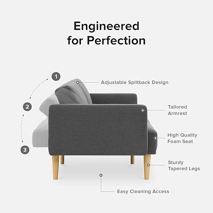mopio 76.4" Futon Sofa Bed, Couch, Loveseat, Sleeper Sofa, Mid Century Modern Futon Couch, Sofa Cama, Couches for Living Room (Dark Gray Fabric)