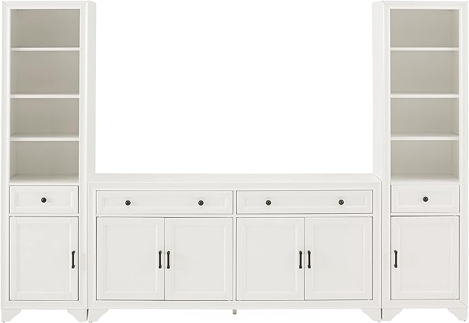 Crosley Furniture Tara 3-Piece Modern Farmhouse Sideboard Buffet Cabinet and Bookcase Set with Storage, Distressed White