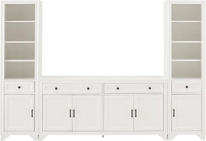 Crosley Furniture Tara 3-Piece Modern Farmhouse Sideboard Buffet Cabinet and Bookcase Set with Storage, Distressed White