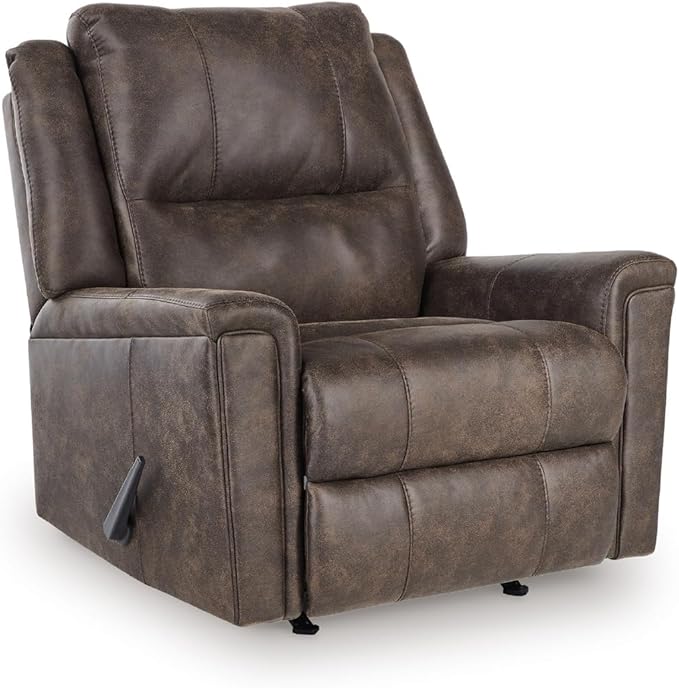 Signature Design by Ashley Skymaker Modern Faux Leather Manual Rocker Recliner with Track Arms, Dark Brown
