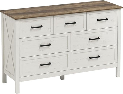 LYNSOM Farmhouse 7 Drawers Dresser for Bedroom, Wood Rustic Wide Chest of Drawers with Deep Drawers, Metal Handle, Storage Dressers Organizer for Entryway, Hallway, Antique White