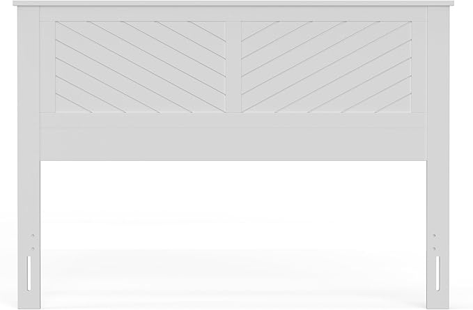 Serene Poplar Wood Queen Size Headboard in White, Modern Farmhouse Panel with Chevron Scoring, Casual Coastal Style, Easy Assembly, Quality Materials