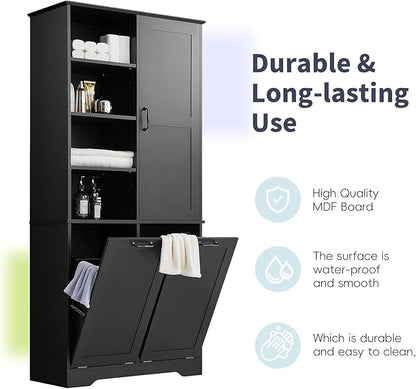 Tall Laundry Cabinet with 2 Tilt Out Hamper, Wood Bathroom Storage Cabinet with Doors and Adjustable Shelves Freestanding (Black)