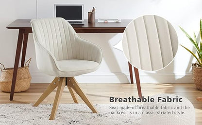 Zouron Mid Century Modern Swivel Accent Chair, Vanity Chair with Wooden Legs, Upholstered Arm Chair No Wheels, Accent Side Chair for Small Space Home Office Living Room Bedroom, Raw White