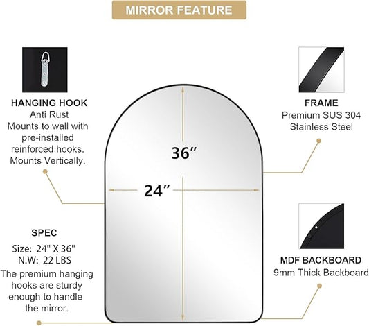 ANDY STAR Arched Mirror, 24 x 36 Inch Black Wall Mirror in Stainless Steel Metal Frame, Arch Top Rounded Corner 1 Inch Deep Set Design Wall Mount Hangs Vertical
