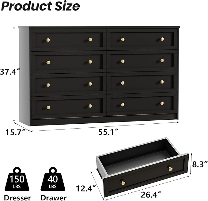 CHUWELL 8 Drawer Dresser for Bedroom, 55.1" Wide Black Dressers & Large Chests of Drawers with Large Capacity Storage,Dresser for Bedroom