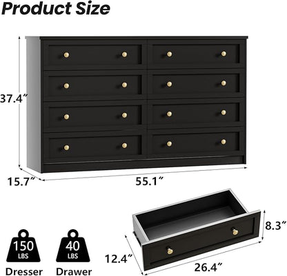 CHUWELL 8 Drawer Dresser for Bedroom, 55.1" Wide Black Dressers & Large Chests of Drawers with Large Capacity Storage,Dresser for Bedroom