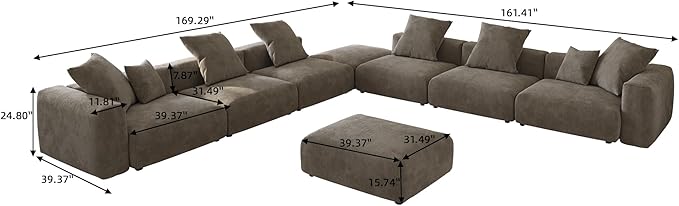 Oversized Modular Sectional Sofa with Ottomans,8 Seater Corduroy V Shaped Reversible Corner Couch,181.73" Convertible Sofa & Couch Free Combination for Living Rooom,Brown