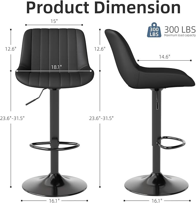 Youhauchair Bar Stools Set of 4, Swivel Counter Height Barstools with Back, Adjustable PU Leather Bar Chairs, Modern Armless Kitchen Island Stool, Black