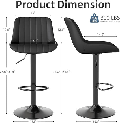 Youhauchair Bar Stools Set of 4, Swivel Counter Height Barstools with Back, Adjustable PU Leather Bar Chairs, Modern Armless Kitchen Island Stool, Black