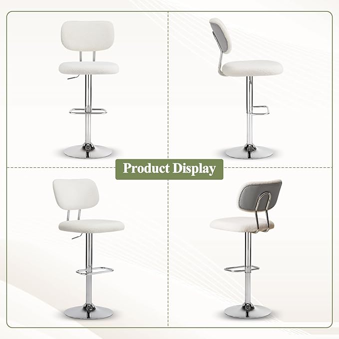 Furniliving Adjustable Bar Stools Set of 4, Modern Teddy Velvet Swivel Barstools with Curved Back, Stylish Armless Counter Height Bar Stools Bar Chairs for Kitchen Island, Bar, Grey