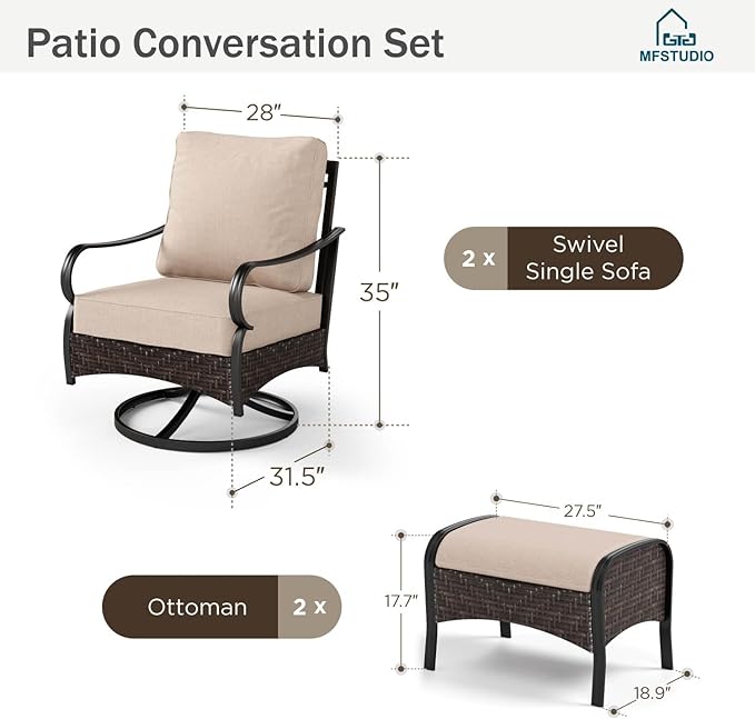 MFSTUDIO 4 Pieces Outdoor Patio Furniture Set, Metal Outdoor Conversation Sofa, Rattan Wicker Patio Sectional Sofa Set with 2 x Swivel Single Sofa, 2 x Ottoman, Beige