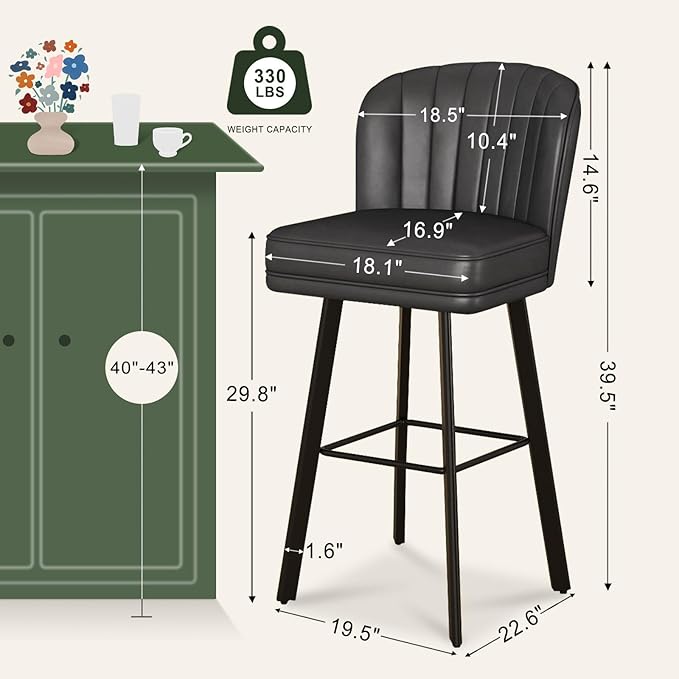 Swivel Counter Height Bar Stools Set of 4, 30'' Modern Barstools with Backs and Metal Legs, Upholstered Bar Chairs, Faux Leather Black Stools for Kitchen Island Chairs