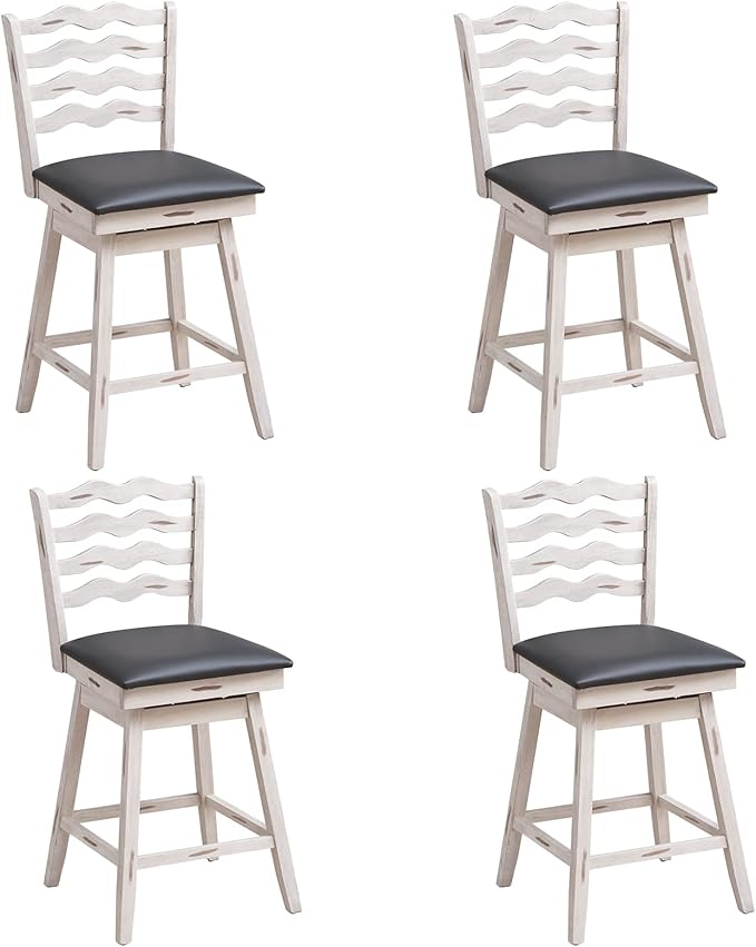 COSTWAY Bar Stools Set of 4, 25” 360° Swivel Counter Height Chairs with Rubber Wood Frame, Cushioned Seat, Ergonomic Backrest & Footrest, Wooden Upholstered Barstools for Kitchen Island (4, 25”)
