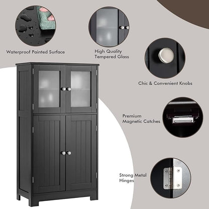 LOKO Bathroom Floor Cabinet, Storage Organizer with Glass Doors, Wooden Kitchen Cupboard with Adjustable Shelf, Versatile Floor Storage Cabinet for Bathroom, Living Room & Kitchen (Black)