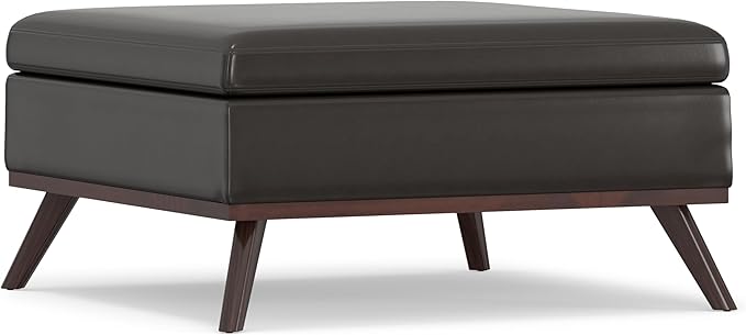 SIMPLIHOME Owen 36 inch Wide Mid Century Modern Square Coffee Table Storage Ottoman in Tanners Brown Vegan Faux Leather, Assembled, for the Living Room, Entryway and Family Room