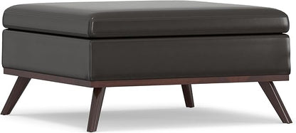 SIMPLIHOME Owen 36 inch Wide Mid Century Modern Square Coffee Table Storage Ottoman in Tanners Brown Vegan Faux Leather, Assembled, for the Living Room, Entryway and Family Room