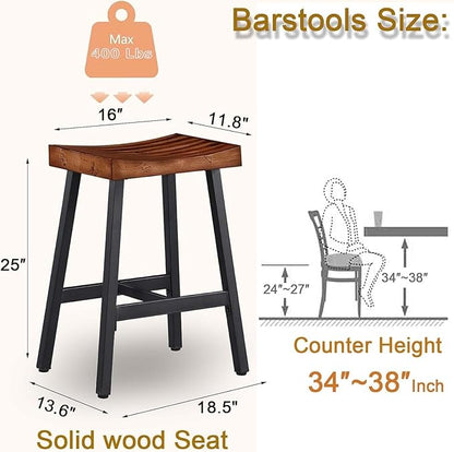 OUllUO Bar Stools Set of 2, Backless Saddle Barstools, 25" Counter Height Bar Stools, Solid Wood Counter Stools with Metal Frame, 521P-BBWD