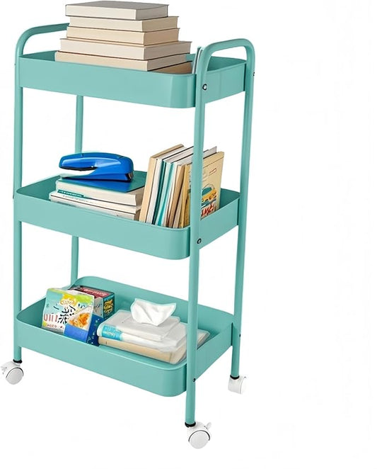 3 Tier Organizer Cart on Wheels, Metal Rolling Storage Cart with Wheels, Mobile Shelving Multifunction Storage Trolley with 4 Hooks fo Laundry Room Bathroom Kitchen Office, Green