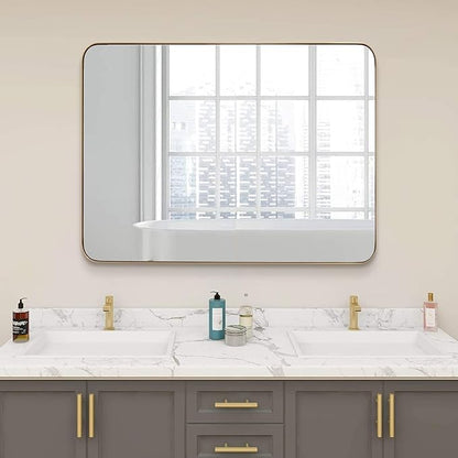ANDY STAR Gold Bathroom Mirror, 30x36 Brushed Brass Rectangle Mirror for Bathroom, Modern Rectangular Wall Mounted Mirror for Vanity, Crafted of Stainless Steel Metal Frame…