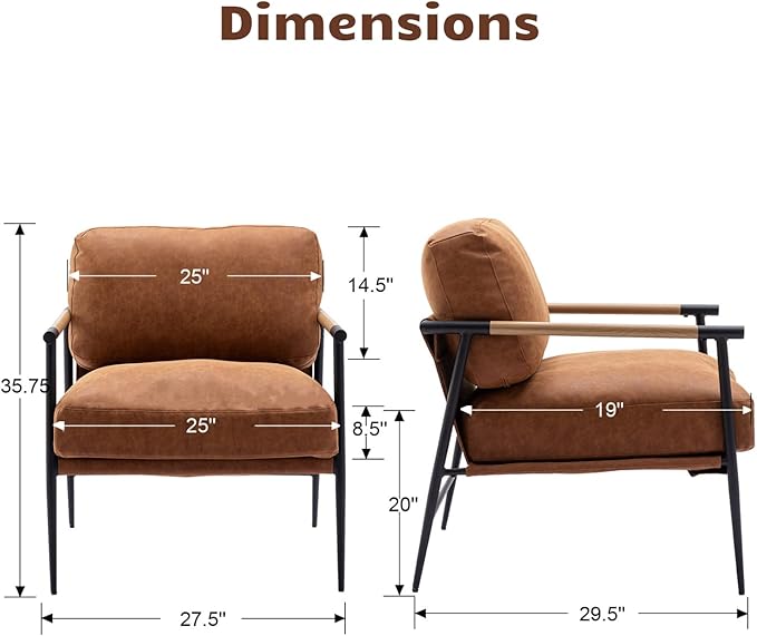 HEAH-YO Modern Accent Chairs Set of 2, PU Faux Leather Living Room Chairs with Backrests, Comfy Reading Side Chairs with Metal Legs for Bedroom, Brown