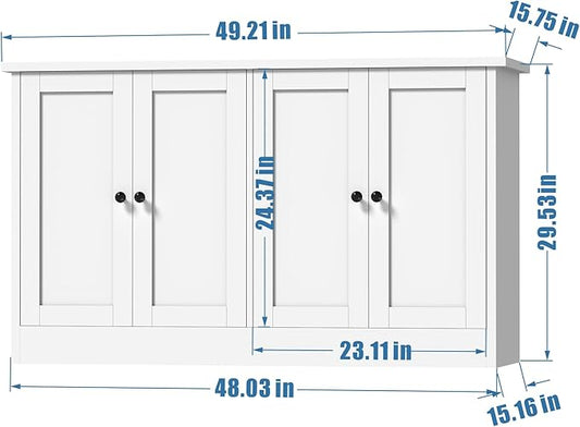 White Buffet Storage Cabinet with 4 Door, 49" W Coffee Bar Cabinet, Kitchen Buffet Sideboard for Living Room, Kitchen
